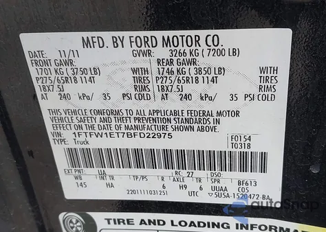 2011 Ford F-150 Lariat z USA, uszkodzony, nr VIN 1FTFW1ET7BFD22975